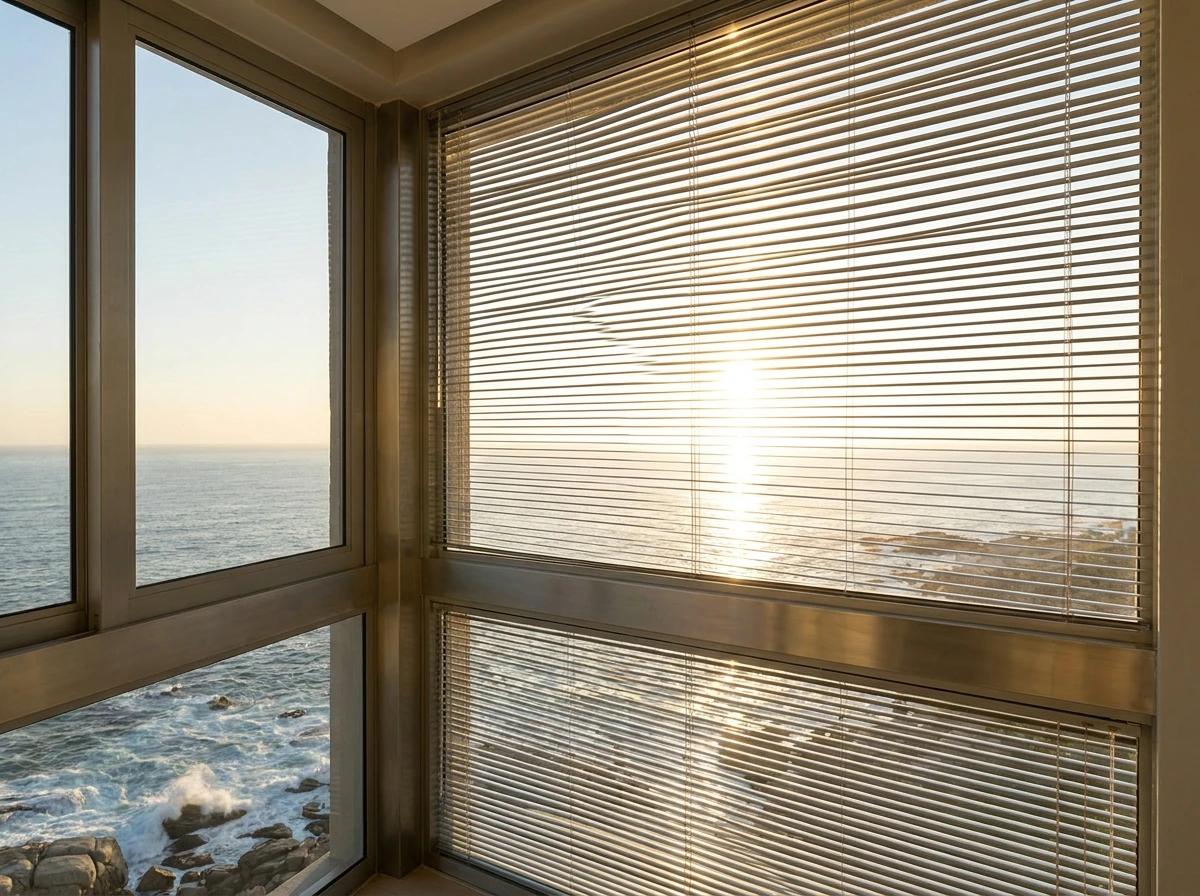 Aluminium venetian blind lowered in a Bantry Bay window with waves breaking on the rocks below