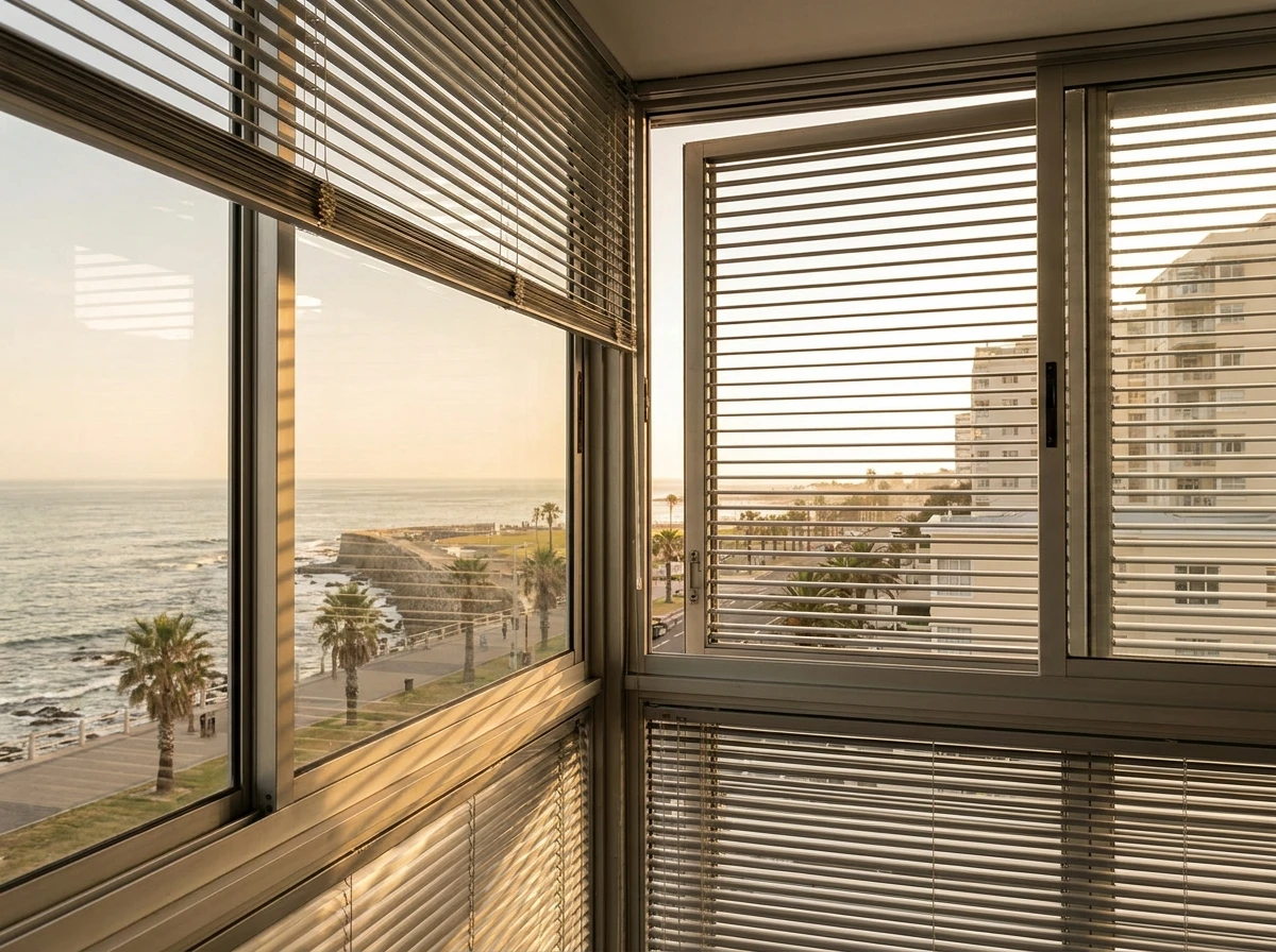 Aluminium venetian blind tilted open in a Sea Point apartment, promenade and palm trees below at sunset