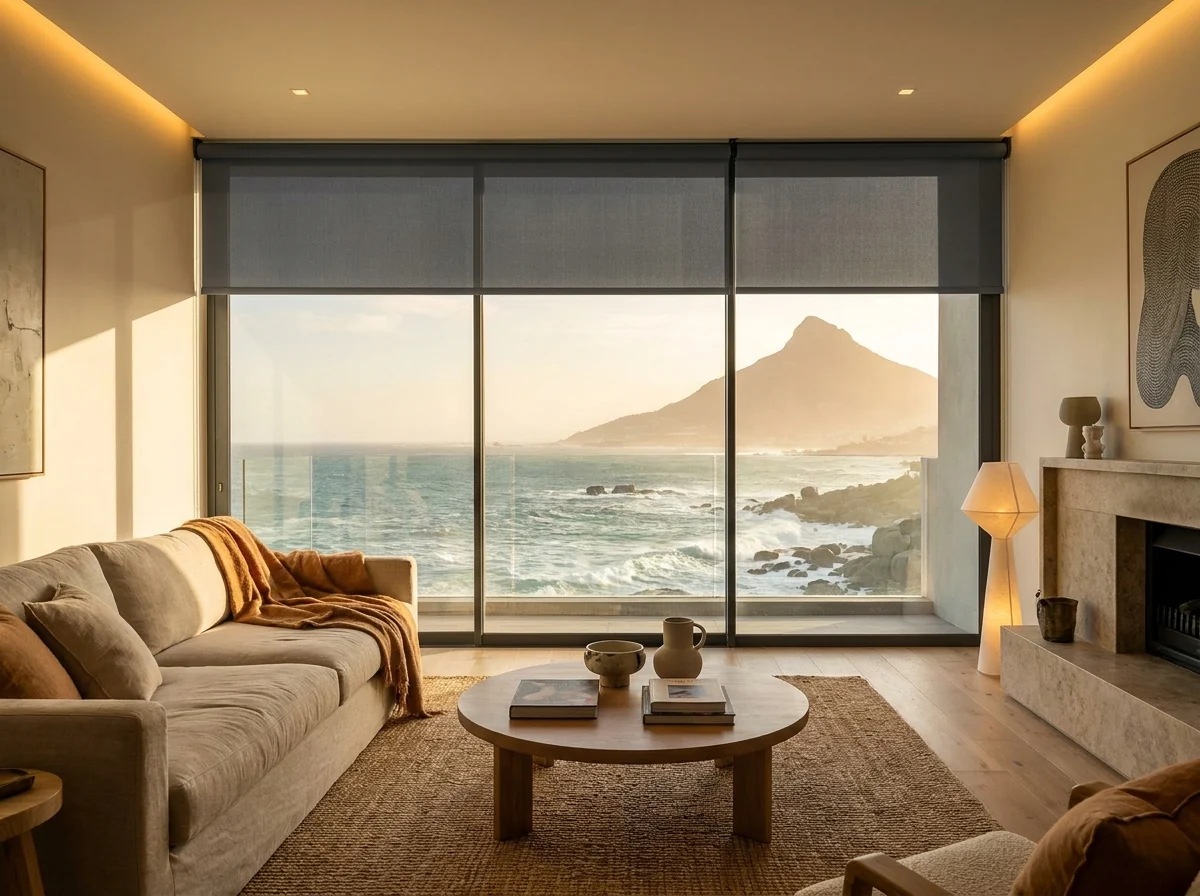 Living room in a cliffside Bantry Bay apartment with a sunscreen roller blind and Atlantic Ocean view
