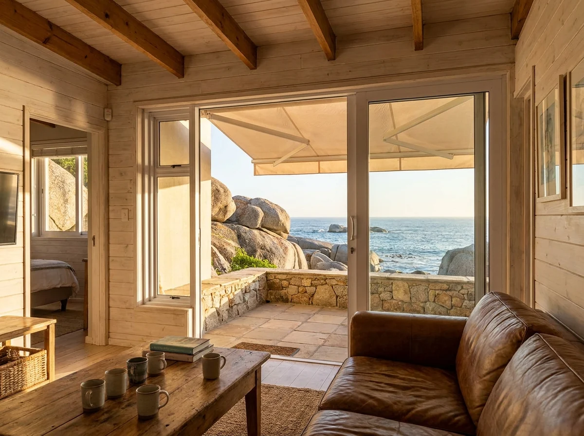 Clifton beach-cottage living room with a folding-arm awning over a terrace and the Atlantic Ocean below