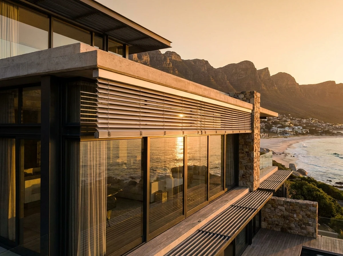 External aluminium venetian blind along a glass-fronted Camps Bay home at sunset, beach and Twelve Apostles beyond