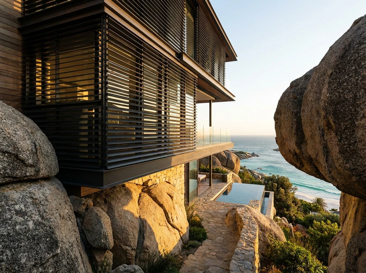 Black aluminium external venetian slats on a boulder-set Clifton home above turquoise water