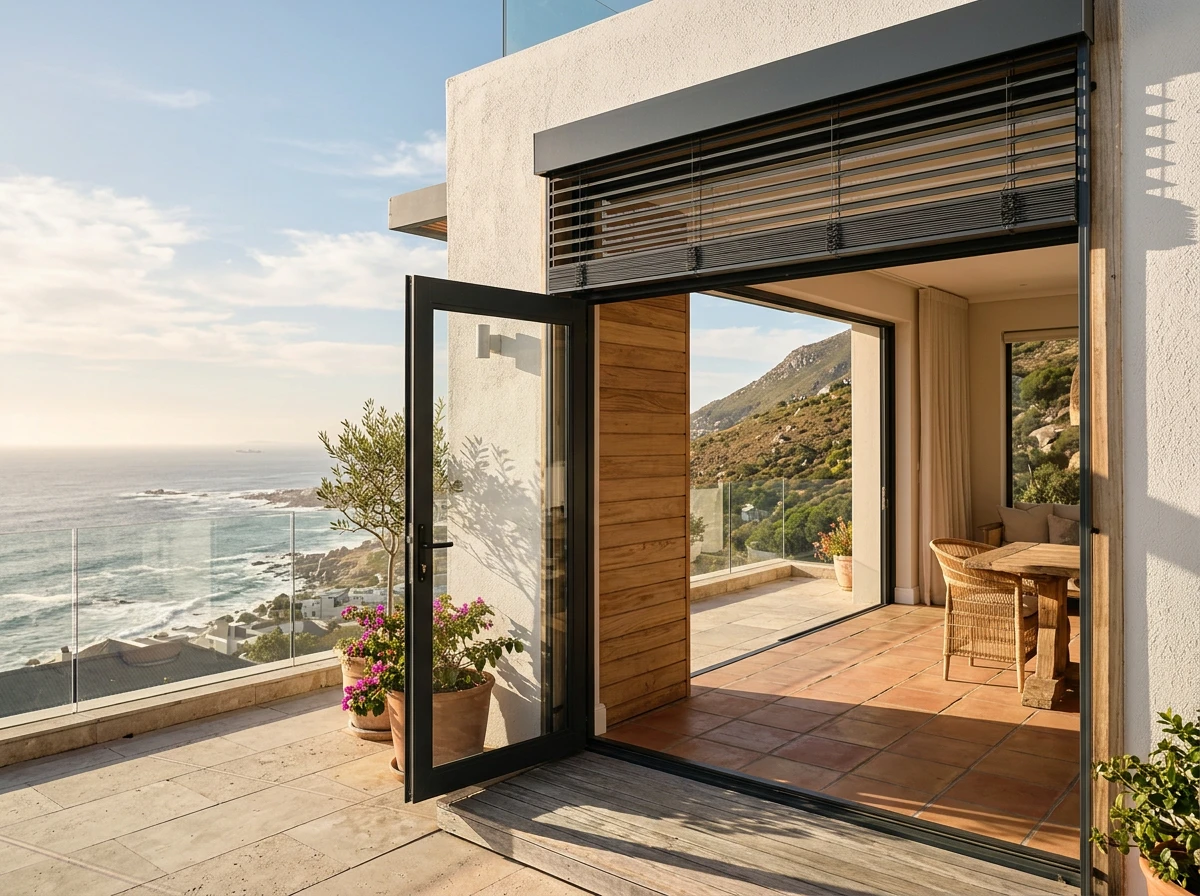 External venetian blind above open glass doors onto a Fresnaye terrace, olive tree and ocean beyond