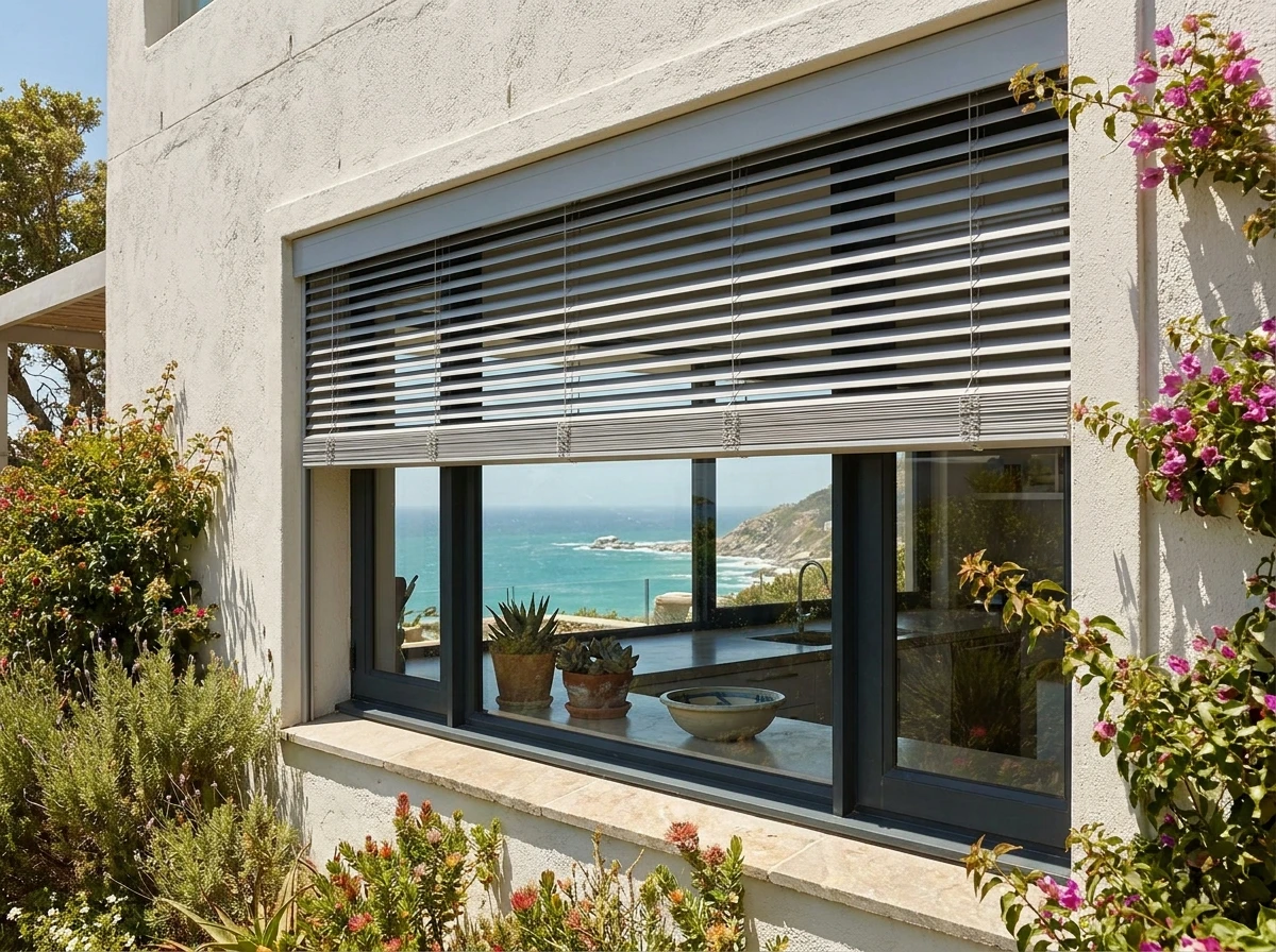Aluminium external venetian slats above a Fresnaye kitchen window with bougainvillea and hillside view