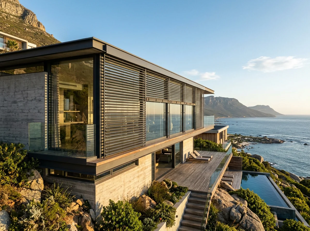 Wide aluminium external venetian blinds mounted outside the glass wall of a terraced Fresnaye villa, Cape Town
