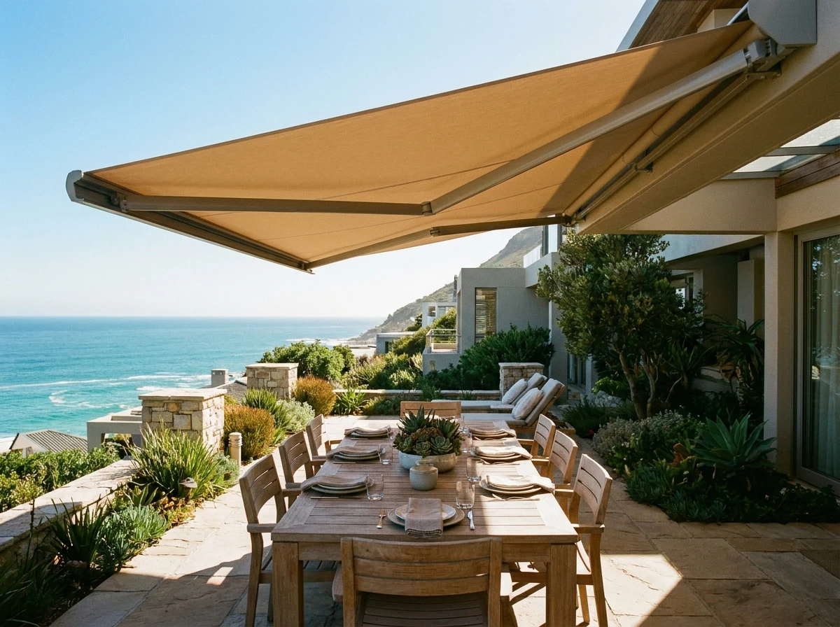 Folding-arm awning extended over a pool deck on a Fresnaye villa, mountains and ocean beyond