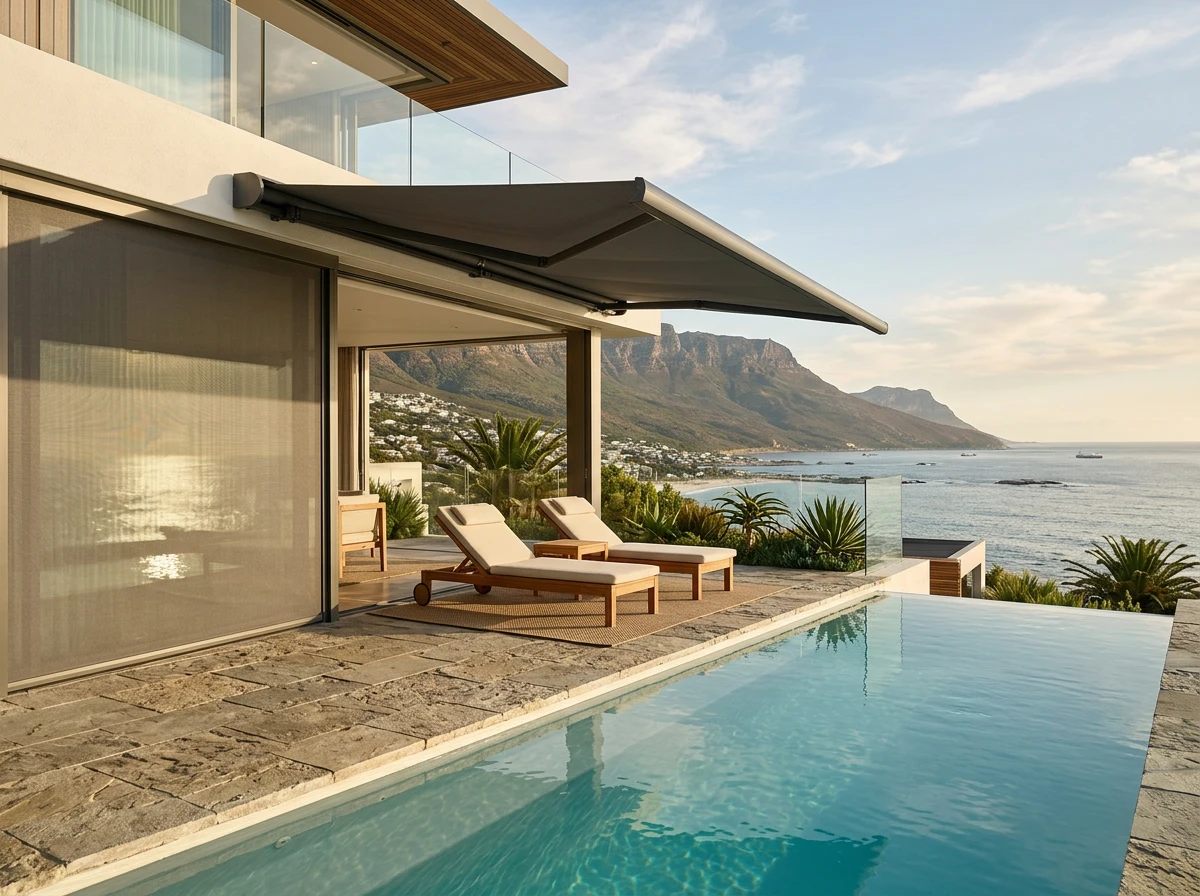 Folding-arm awning extended over a Fresnaye pool terrace beside a retracted zip screen