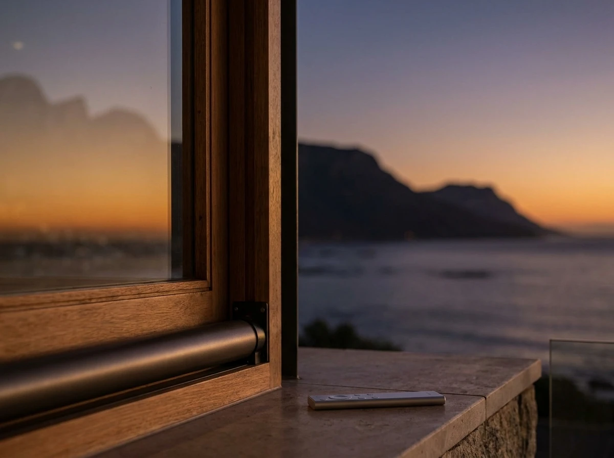 Tube motor end cap and remote control on a Camps Bay windowsill at dusk