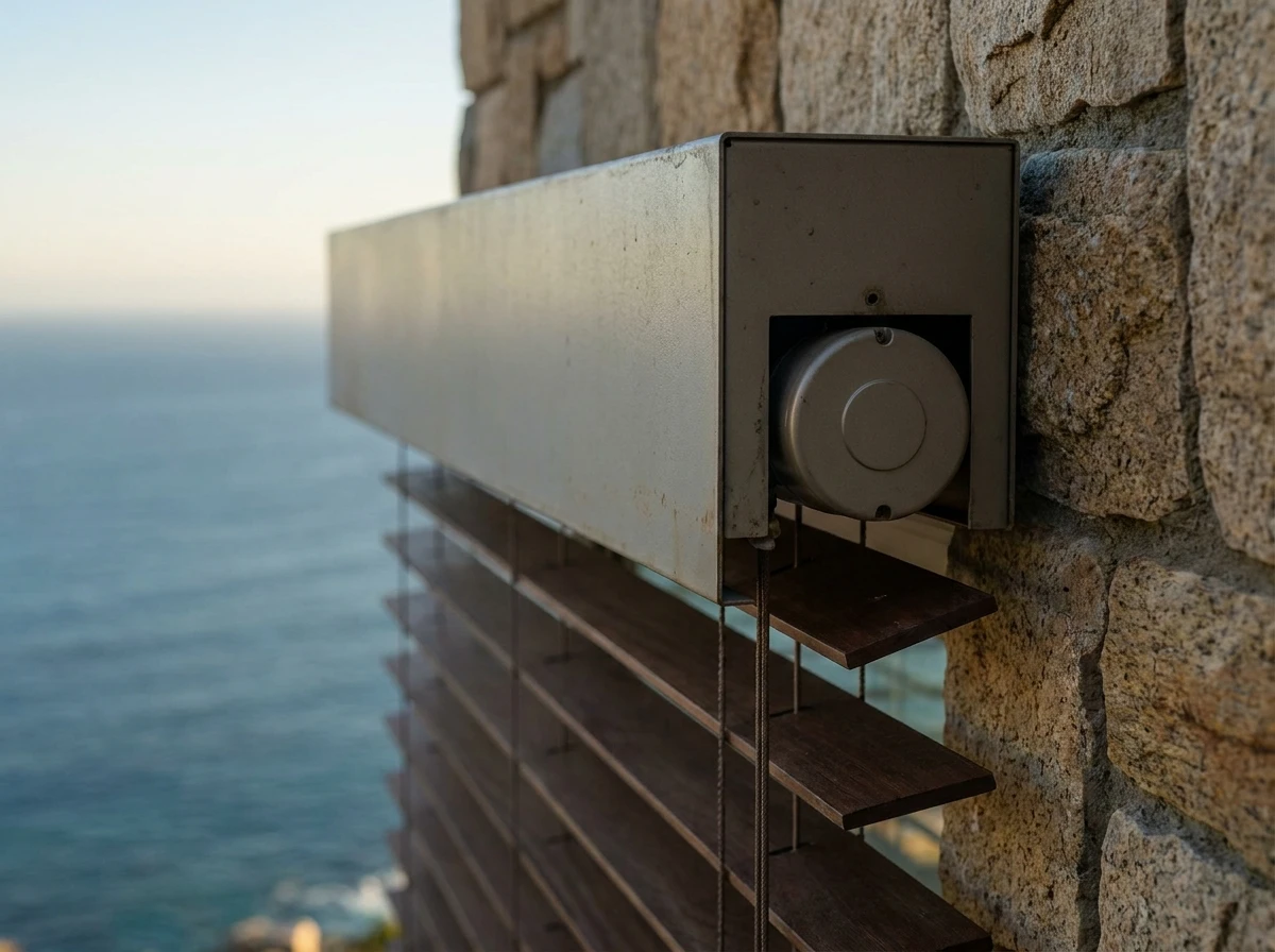 External venetian headbox and motor mounted on a stone-clad Fresnaye wall above the ocean