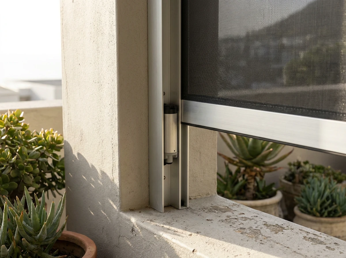 Zip screen guide channel with motor housing mounted beside a Fresnaye window