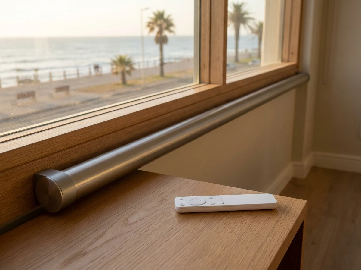 Motorised blind tube and remote control on a Sea Point windowsill above the promenade at sunset