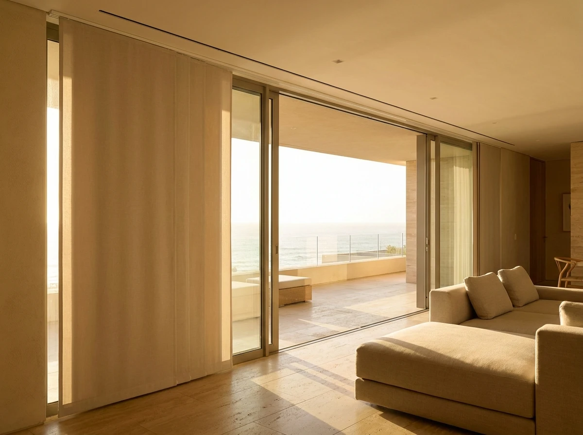 Wide flat panel blinds on an overhead track across a stack-door wall in a Fresnaye villa