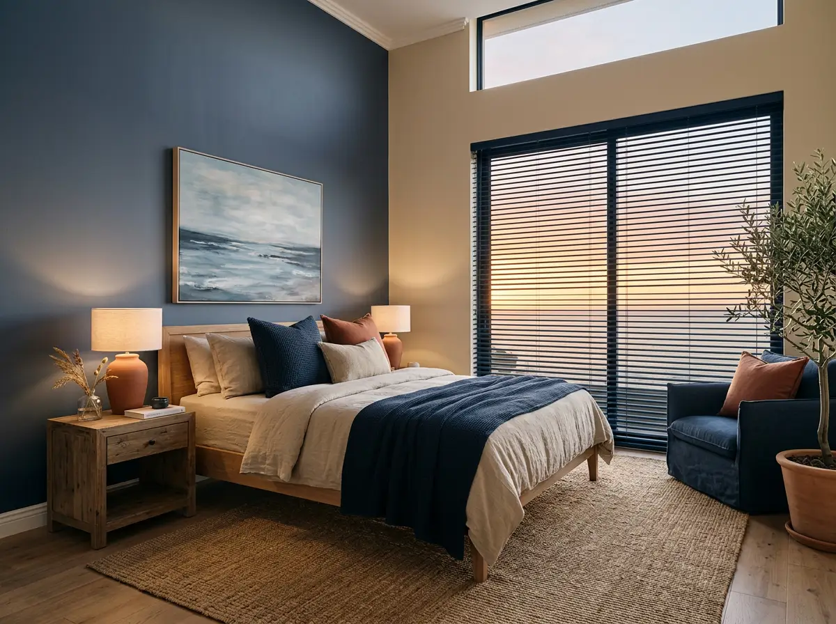 Main bedroom in a Fresnaye villa with a dark aluminium venetian blind tilted against the sunset, Atlantic horizon through the glass