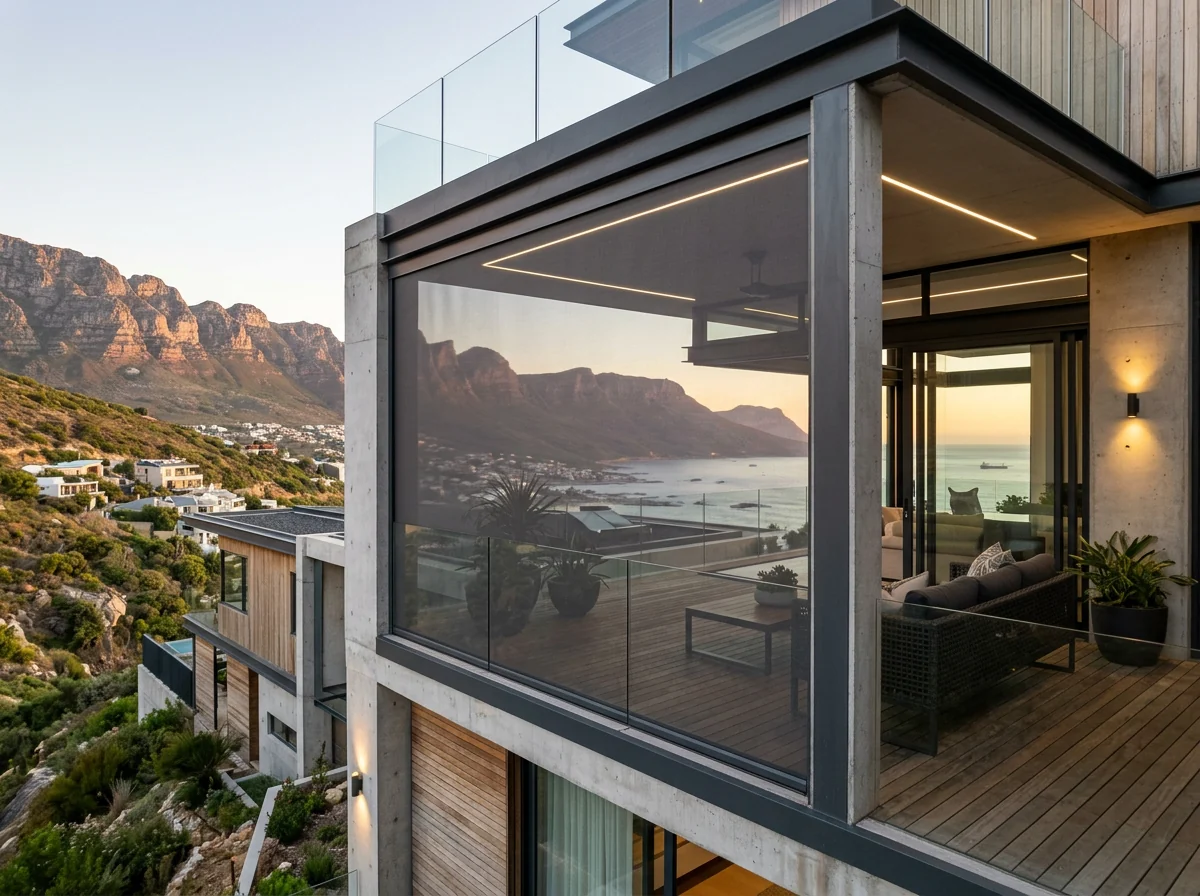 Zip-guided outdoor mesh screen on a wind-exposed terrace in Fresnaye, Cape Town